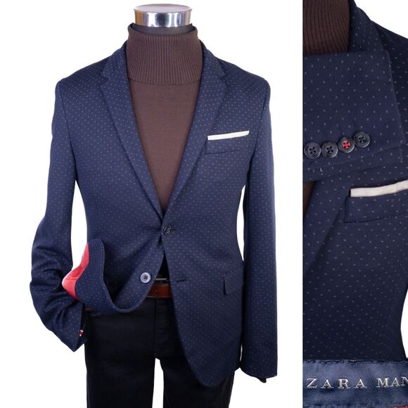 Zara Bazer Mens Sz 38 Polka Dot Blue 2 Button Sport Coat Jacket Blazer Poly - Picture 1 of 12
